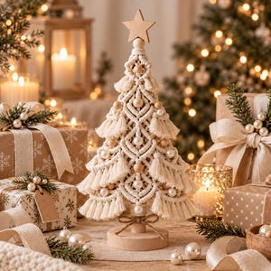 May include: A cream-colored macrame Christmas tree ornament featuring intricate knotted cord patterns, layered fringe tiers, and small wooden beads. The tree is topped with a wooden star and stands on a circular wooden base with a twine bow.