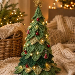 May include: A conical Christmas tree decoration crafted from layered, crocheted green leaves in varying shades. The tree is topped with a gold crocheted star and adorned with small red spherical ornaments, red patterned cones, and a string of warm white fairy lights.