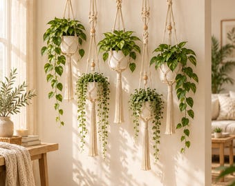 May include: A wall-mounted macrame plant hanger set featuring five off-white cotton cord hangers suspended from a horizontal wooden dowel. Each hanger holds a white ceramic pot containing a green trailing plant, accented with natural wooden beads.