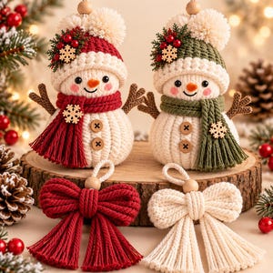 Puede incluir: Dos adornos de muñecos de nieve tejidos a ganchillo con pompones, uno rojo y otro verde, cada uno con un copo de nieve de madera y dos botones. Debajo hay dos adornos de lazos de macramé, uno rojo oscuro y otro crema, con lazos para colgar.
