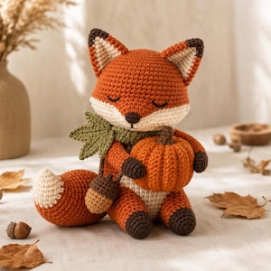 May include: A crocheted fox stuffed animal with orange and white yarn, featuring closed eyes, a green leaf-shaped scarf, and a small brown acorn-shaped bag. The fox holds a textured orange pumpkin with a brown stem in its front paws.