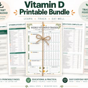 Puede incluir: Un paquete imprimible de vitamina D con cinco páginas que incluye un rastreador semanal, listas de alimentos y hojas informativas. La página central del rastreador está atada con cordel e incluye secciones para mañana, tarde y noche.