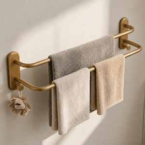 May include: A double-bar wall-mounted towel rack in a brushed brass finish. The rack features two horizontal bars holding a dark gray towel and a light beige towel, with a small hook on each side holding a beige bath sponge.