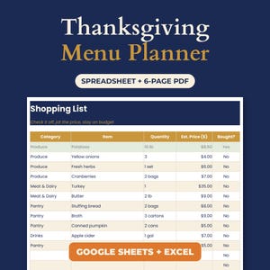 Può includere: Un pianificatore di menu per il Ringraziamento in formato digitale che presenta una tabella della lista della spesa con colonne per categoria, articolo, quantità, prezzo stimato e stato, su uno sfondo blu scuro con varie scritte.