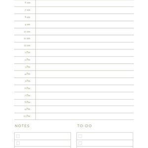 Op de afbeelding: Een dagplanner-sjabloon met de tekst DAILY PLANNER en TODAY bovenaan. Het bevat een verticaal schema van 6 am tot 10 pm met horizontale lijnen, gevolgd door twee aparte secties met de labels NOTES en TO-DO met selectievakjes.