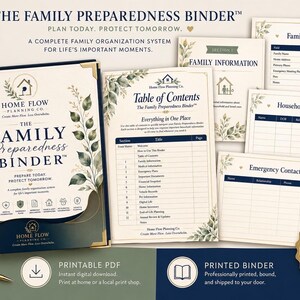 May include: A dark blue and cream family preparedness binder with gold corner accents, featuring a table of contents and various organisational forms including family profile, household members, and emergency contacts with botanical leaf illustrations.