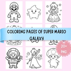 Pode incluir: Uma coleção de páginas para colorir em preto e branco com personagens de Super Mario, incluindo Mario, a Princesa Peach, uma estrela e um cogumelo. Uma faixa azul central diz COLORING PAGES OF SUPER MARIO GALAXY e uma etiqueta rosa 20+ PNG.
