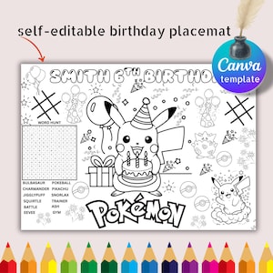 May include: A black and white printable birthday placemat featuring a Pokémon theme with a central Pikachu holding a cake, a word hunt puzzle, tic-tac-toe grids, balloons, and party hats. The text reads SMITH 6TH BIRTHDAY and POKEMON.