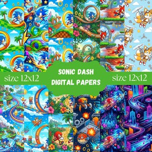 May include: A digital paper collection featuring Sonic the Hedgehog characters and game environments. The patterns include blue, green, and red landscapes with gold rings, palm trees, and mechanical elements. Text reads SONIC DASH DIGITAL PAPERS size 12x12.