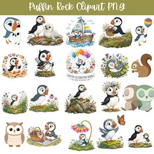 Puffin Rock Clipart PNG Bundle | Coastal Bird Clipart | Cute Seabird PNG Files | Ocean Wildlife Graphics | Instant Download