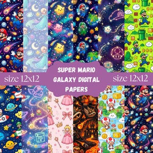 May include: A collection of Super Mario Galaxy digital papers featuring various patterns of Mario, Luigi, Princess Peach, and space elements. The image includes text that reads SUPER MARIO GALAXY DIGITAL PAPERS and size 12x12 on a purple background.