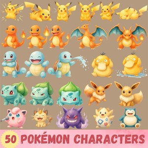 May include: A collection of 50 Pokémon characters including Pikachu, Charmander, Charizard, Squirtle, Psyduck, Bulbasaur, Eevee, Jigglypuff, Meowth, Gengar, Togepi, and Snorlax in various poses, with the text 50 POKÉMON CHARACTERS at the bottom.