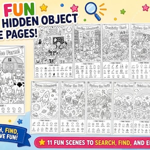 May include: A collection of 11 black and white hidden object puzzle pages featuring themes like Down on the Farm, Happy Halloween, Reading Adventures, Creativity Time, Explore the Past, Happy Zoo Time, Space Adventure, Under the Sea, and more.