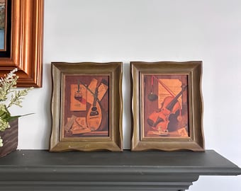 Pair of Vintage Mid-Century Modern  Artwork of Musical Instruments - Violin and Mandolin in a Olive Green Wavey Framed