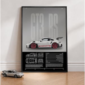 May include: A framed poster featuring a white Porsche GT3 RS sports car with red wheels and side decals. The background is gray with large text reading GT3 RS. Below the car are technical diagrams, specifications, and descriptive text in English.