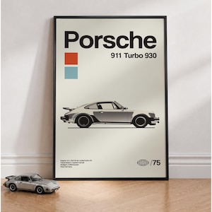 May include: A framed poster featuring a side-profile illustration of a silver Porsche 911 Turbo 930. The design includes the text Porsche 911 Turbo 930, a red square, a light blue square, technical specifications, and a globe icon with the number 75.