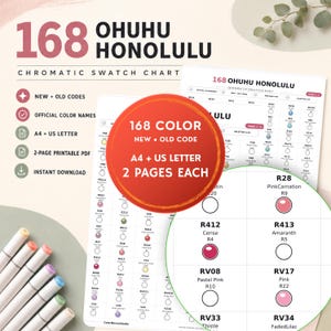 Ohuhu Honolulu 168 Tabla de muestras cromáticas PDF imprimible Códigos nuevos y antiguos