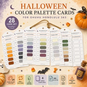 May include: A set of 28 Halloween colour palette cards for Ohuhu Honolulu 363 markers, featuring 24 coded and 4 blank cards on a gold ring. The cards display various colour swatches with labels like Pumpkin Patch, Spooky Night, and Witch's Potion.