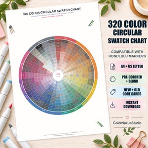 May include: A 320-color circular swatch chart printed on white paper, featuring a radial color wheel with labeled segments for red, orange, yellow, green, teal, blue, violet, purple, pink, and neutrals, with text including 320 COLORS.