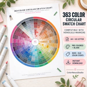 May include: A 363-color circular swatch chart for Honolulu markers on a white sheet. The chart features a radial color wheel with segments for red, orange, yellow, green, teal, blue, violet, purple, pink, and neutrals, with text labels.