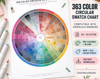 363 Color Swatch Chart Compatible with Ohuhu Honolulu, Circular Marker Wheel Printable PDF Bundle