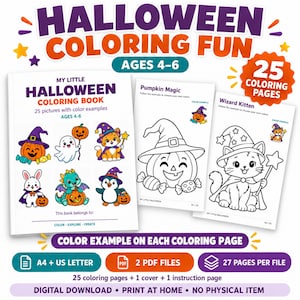 May include: A digital Halloween coloring book for ages 4-6 featuring 25 pages with color examples. The cover displays a pumpkin, ghost, kitten, rabbit, dragon, and penguin. Includes two PDF files in A4 and US Letter sizes for home printing.