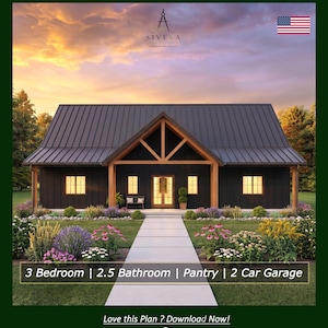 Puede incluir: Un conjunto de planos arquitectónicos para un barndominium de 40' x 60' con techo de metal negro, revestimiento vertical oscuro y vigas de madera en el porche. El texto dice 3 Bedroom | 2.5 Bathroom | Pantry | 2 Car Garage, con el logo Sivexa.