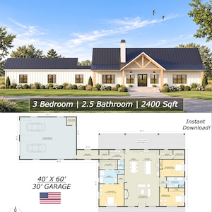 May include: A 40' x 60' barndominium architectural drawing set featuring a 3 bedroom, 2.5 bathroom, 2400 sqft floor plan with a 30' garage. The design includes a white exterior with a black metal roof, timber accents, and a detailed layout.