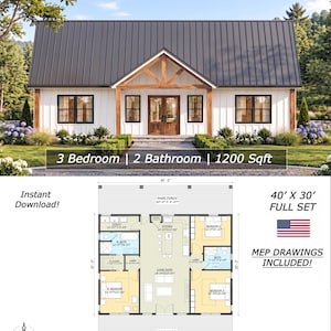Può includere: Un set di disegni architettonici per un barndominium di 40' x 30' con esterno bianco, tetto in metallo scuro, 3 camere da letto, 2 bagni e 1200 piedi quadrati. L'immagine mostra un prospetto frontale, una planimetria e il testo Instant Download, Full Set e MEP Drawings Included.