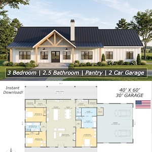 Puede incluir: Un conjunto de planos arquitectónicos para un barndominium de 40' x 60' con exterior blanco, techo de metal negro, 3 dormitorios, 2.5 baños, despensa y garaje para 2 autos. Incluye plano de planta, renderizado y texto.