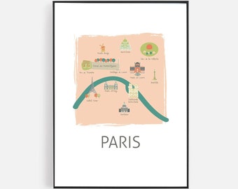 Carte de Paris, Art de la carte imprimable, Art de la pépinière de Paris, Carte minimale, Pépinière à thème de voyage, Impressions Europe Villes, Carte de la ville Imprimables, Imprimer à la maison