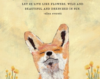 Fox Print, Forest Animal Painting, Fox Lover Gift, Flower Field Prints, Smiling Animals Art, Let us Live Like Flowers, Sunny Art on Canvas