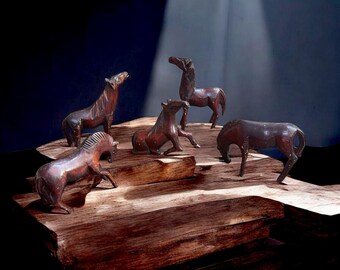 Vintage Hand Carved Wood Horse Figurine Set of 5 MCM Folk Art Herd Primitive Detailed