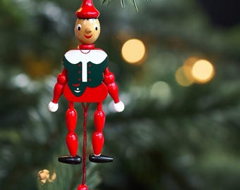 Vintage Italian Wood Pinocchio Jumping Jack Pull String Puppet Toy Ornament 8”