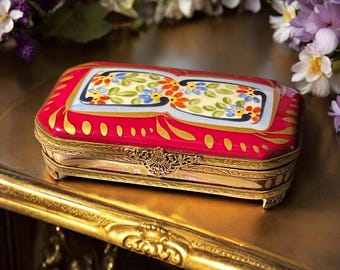 Vintage Authentic Limoges Luxury Trinket Box Floral Red Gold Rectangular Footed Eximious Grand Millennial Vanity Decor
