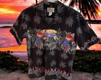 Vintage KYs Authentic Hawaiian Shirt Parrots Sunset Palm Trees All Cotton Size L Vacation Cruise Shirt