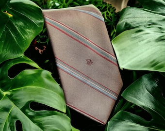 Vintage 1980s Christian Preppy Dior Repp Stripe Necktie Taupe Blue Red Poly Silk Made in USA