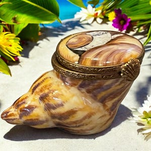 May include: A decorative seashell-shaped trinket box. The box is painted with brown and tan hues, with a detailed lid featuring a swirling design. The box has a gold-colored metal trim and a seashell-shaped clasp. The box is a unique decorative item.