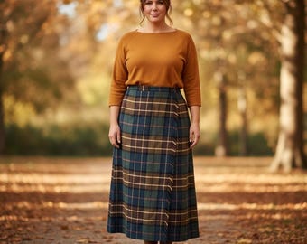 Vintage 90s Rafaella Plaid Wool Wrap Skirt Size 18 Fringed Tartan Kilt Midi Dark Academia Preppy Aesthetic, For Fall and Winter