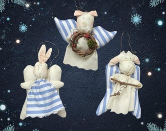 Vtg. Handmade Primitive Farm Animal Christmas Ornaments Set of 3 Fabric Angel Cow Pig Sheep Country Farmhouse Tree Decor