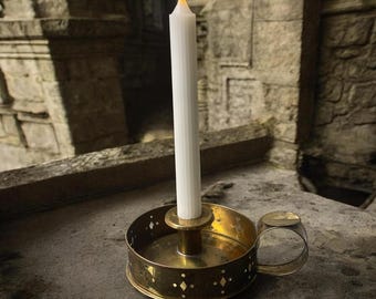 Vintage Brass Candle Holder Pierced Gallery England Cottagecore Chamberstick Pierced Candlestick Finger Loop Cottagecore Decor Dark Academia
