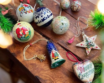 Vintage Papier Mache Christmas Ornaments Lot of 9 Hand Painted Decoupage Christmas Tree Retro Holiday Decor Bell Star Heart Balls