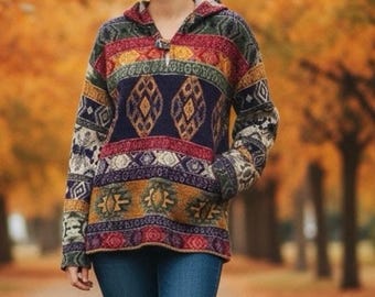 Vintage 90s Aztec Woven Tapestry Hoodie | Geometric Southwestern Baja Pullover Sweatshirt Wool Blend Size Medium