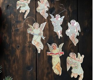 Vtg 1979 Merrimack Die Cut Victorian Christmas Angel Ornaments Lot of 7  2 Sided