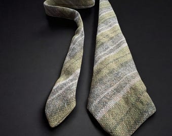 Vtg Wool Striped Tie Afonwen Woolen Mill North Wales Green Gray Short Academia