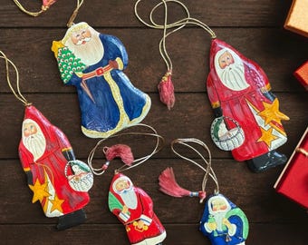 Vintage Russian Hand Painted Flat Wood Christmas Ornaments Set 5 Santa Ded Moroz