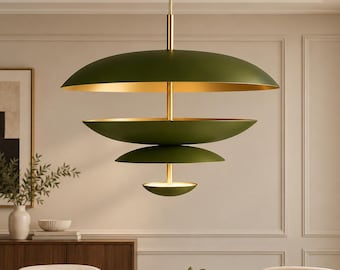 Olive Green Brass Chandelier, Mid Century Modern Pendant Light, Sculptural Ceiling Lamp, Vintage Dining Room Lighting