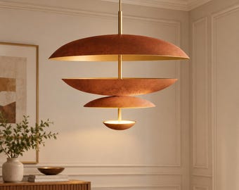 Sculptural Rust Bronze Chandelier, 4-Light Mid Century Brass Pendant, Artistic Multi-Tier Ceiling Lamp for Dining Room & Living Room