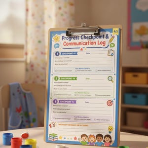 Könnte beinhalten: Ein Holz-Klemmbrett mit einem Progress Checkpoint & Communication Log Blatt, das drei nummerierte Abschnitte, Datumszeilen und Kontrollkästchen enthält. Das Dokument zeigt bunte Illustrationen eines Sterns, eines Bleistifts, einer Lupe, einer Zielscheibe und vier Kindern.