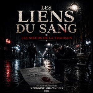 Puede incluir: Una portada de novela gráfica titulada LES LIENS DU SANG, LES NŒUDS DE LA TRAHISON por IZZEDDINE MHAMMEDIA. Muestra una escena nocturna lluviosa con una persona sentada en un banco, otra alejándose y un informe de ADN en el suelo con una mancha de sangre.